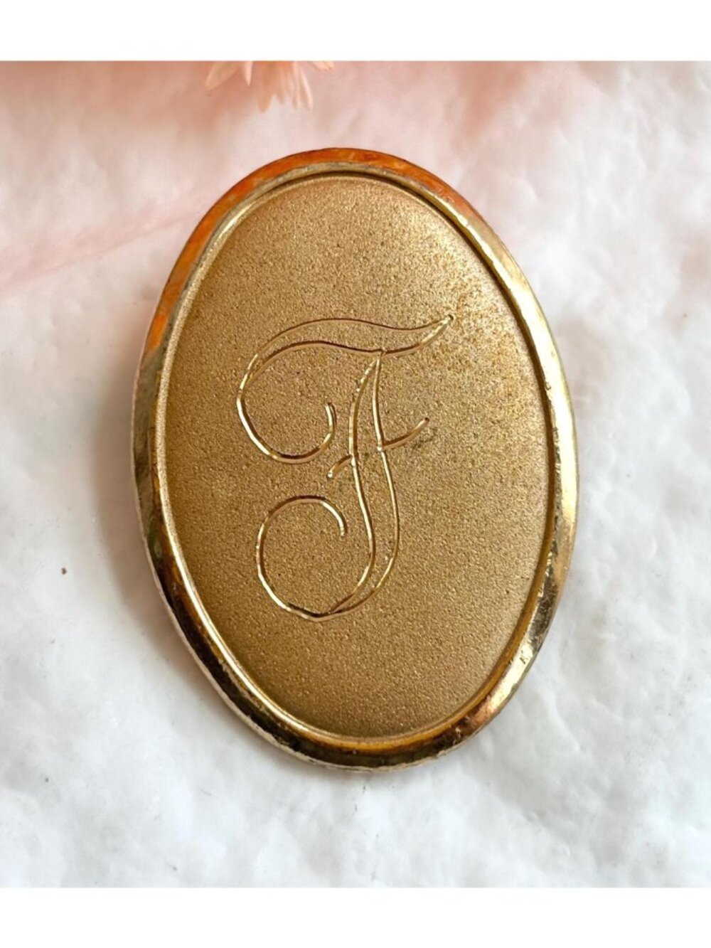 F Letter Carved 80's Style Gold Toned Vintage Brooch | Pin
